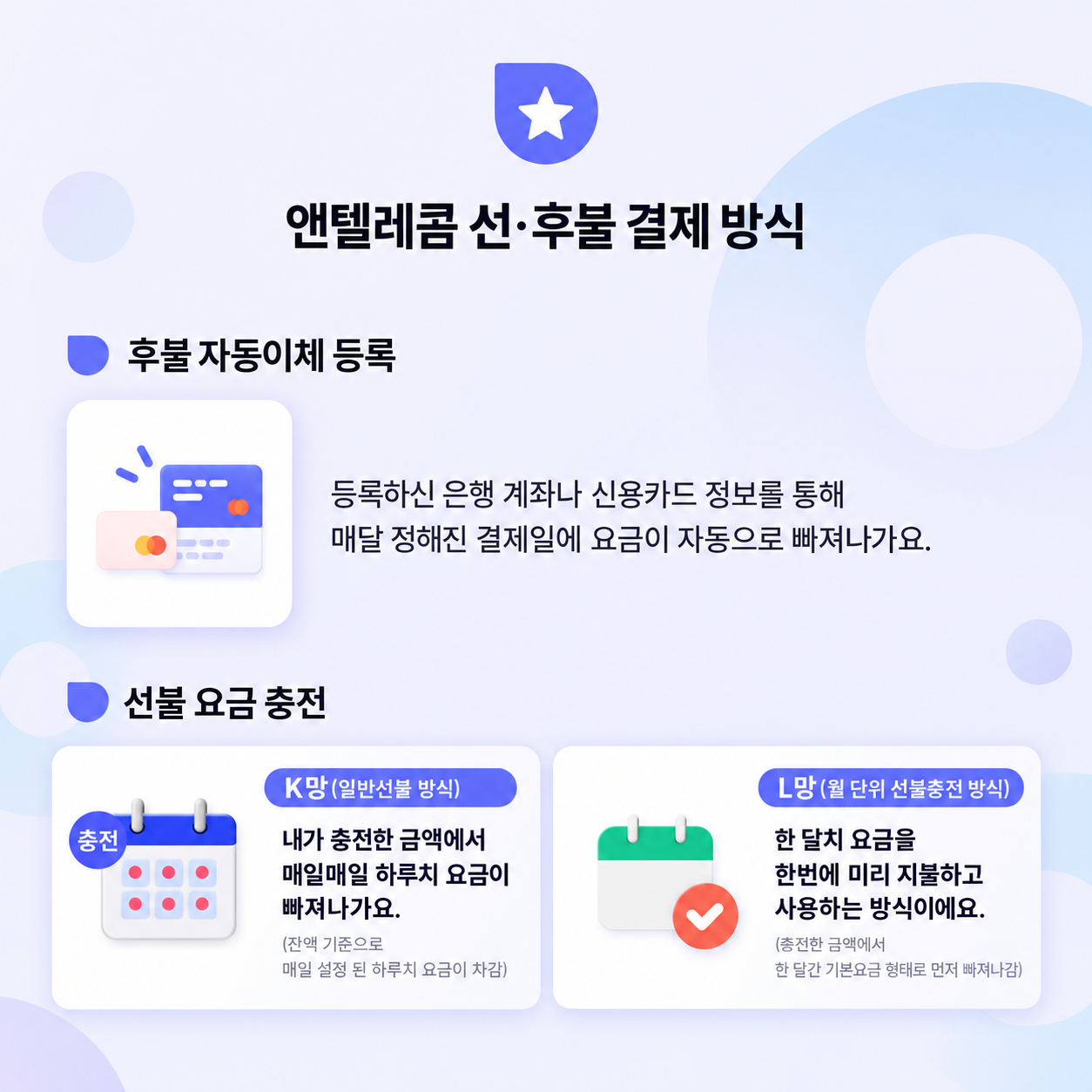후불 자동이체와 K망·L망 선불 요금 충전 방식 안내